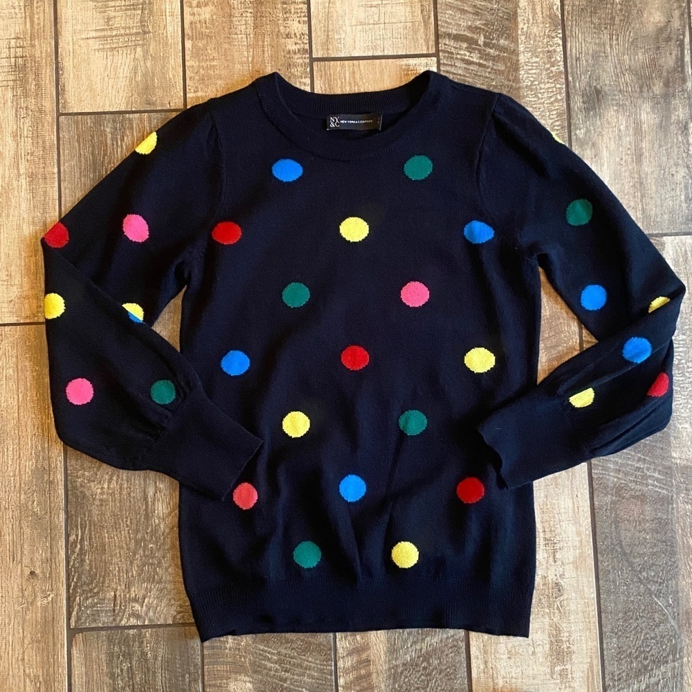 New York & Company Black Sweater with Colorful Dots